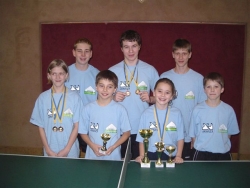 Das SV Sierndorf-Tischtennisteam bei den Landesmeisterschaften 2007: (v.l.n.r.:) Helene Wolf, Daniel Hubatschek, Michael Kufmüller, Martin Kinslechner, Stefanie Kufmüller, Sebastian Wolf und Stefan Bauer.