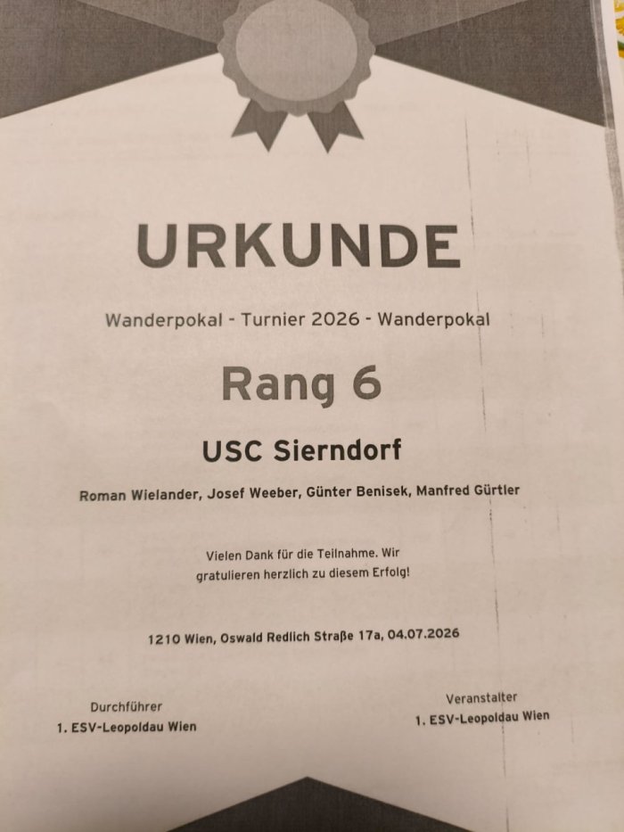 Urkunde Wanderpokal - Turnier 2026: Rang 6 USC Sierndorf mit Roman Wielander, Josef Weeber, Günter Benisek, Manfred Gürtler