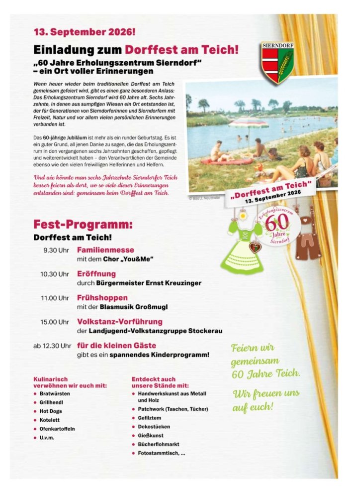 Dorffest am Teich Sierndorf: Eröffnung durch Bgm. Ernst Kreuzinger, Blasmusik, Volkstanz, Kinderprogramm